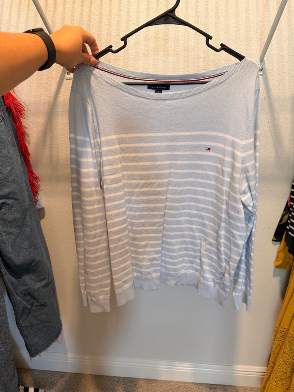 Tommy Hilfiger Pale Blue and White Striped Knit Top